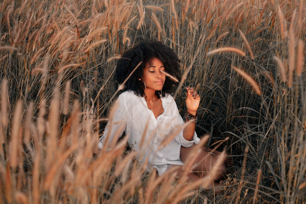 привлекательная молодая африканская американка, сидящая на поле на закате
 - Фото, изображение
