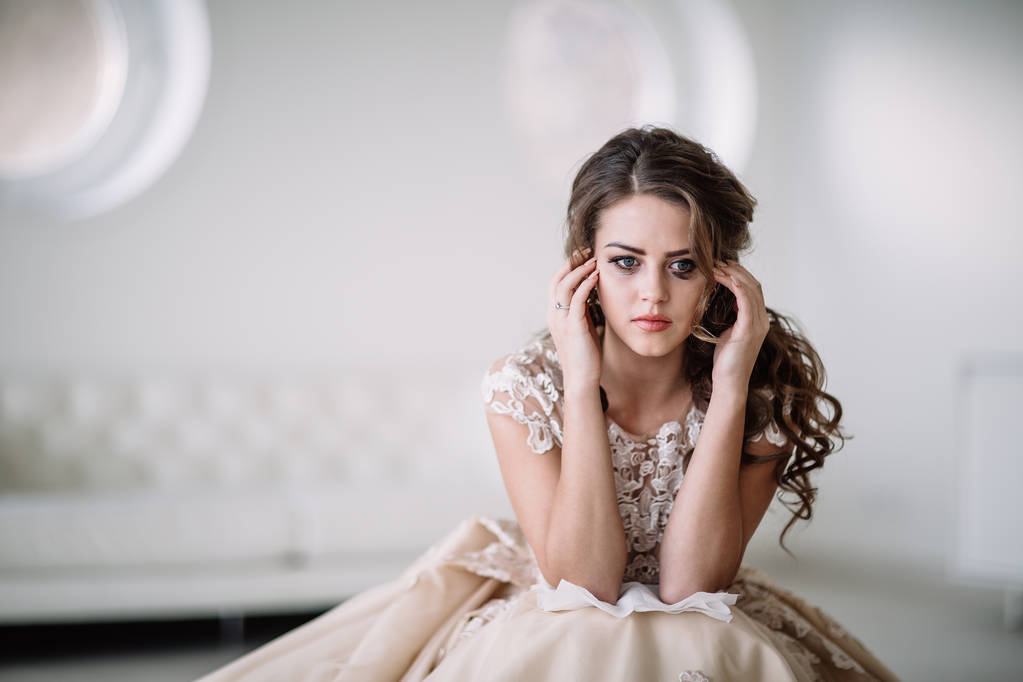 portrait of the bride crying, sadness, streaks mascara wipes. - Photo, Image