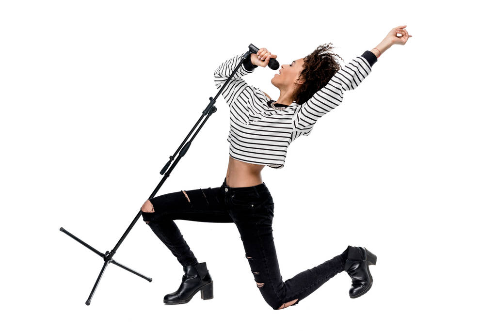 Jovem cantora com microfone
  - Foto, Imagem
