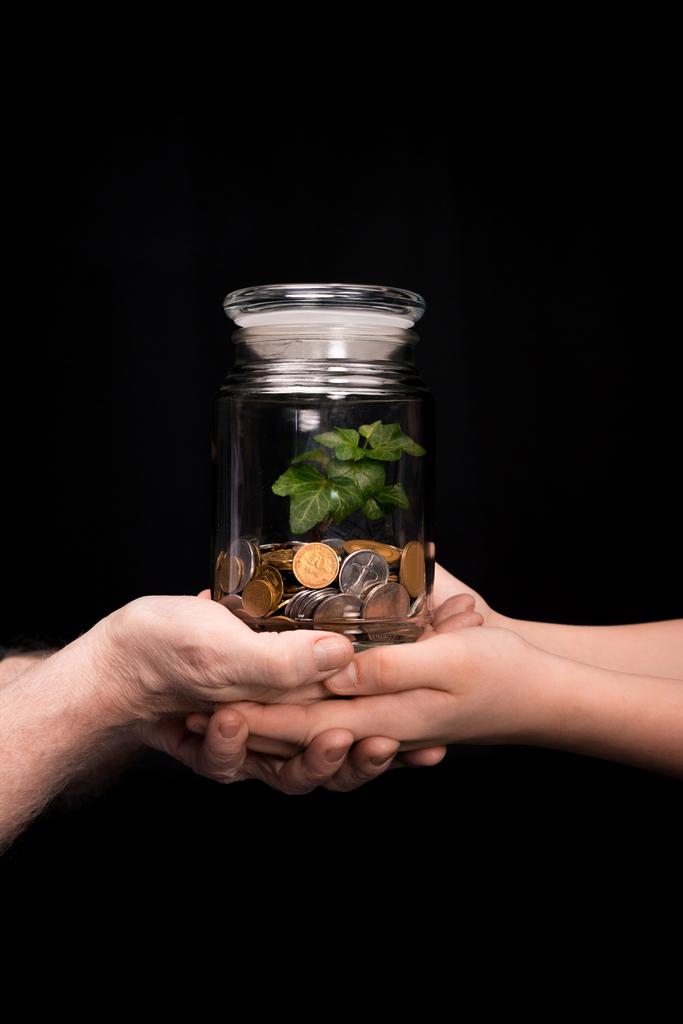 Avô e neta com moedas e planta em jarra
  - Foto, Imagem