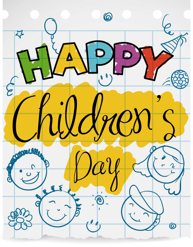Caderno de papel com doodles para comemorar o dia das crianças, ilustração vetorial
 - Vetor, Imagem