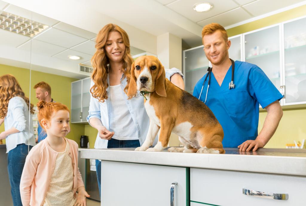 Woman, daughter with dog at veterinary doctor  - Photo, Image