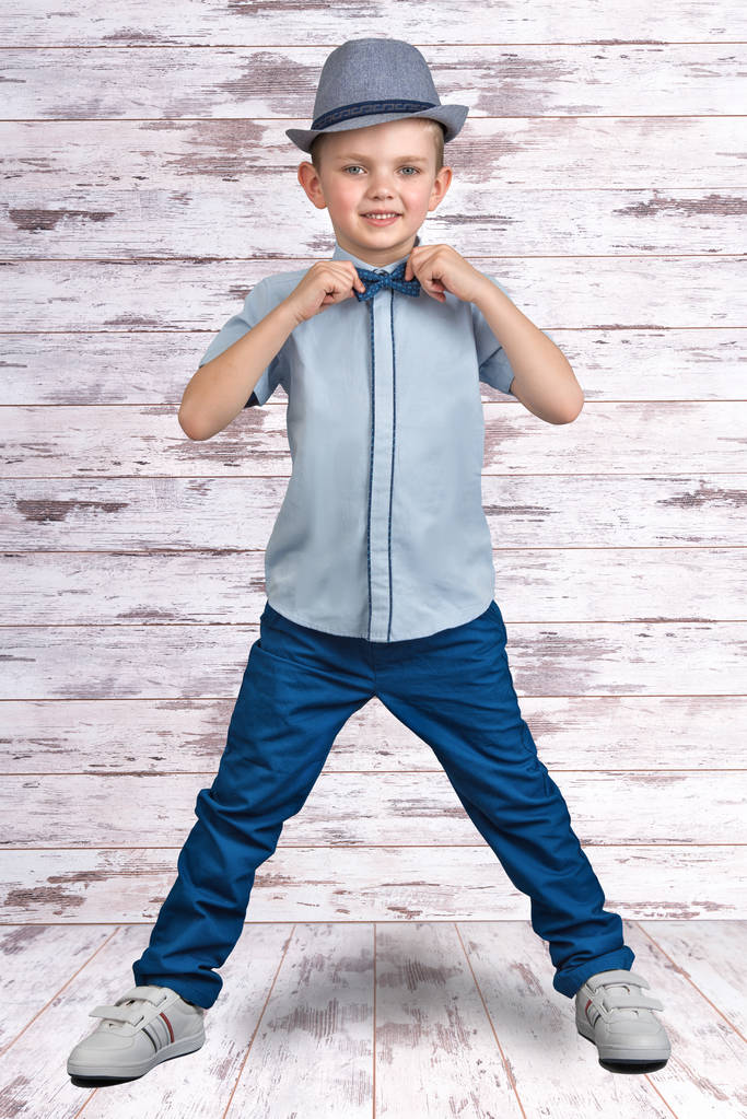 Stylish little boy in elegant clothes and hat. .Be like daddy. Kid's fashion. - Photo, Image