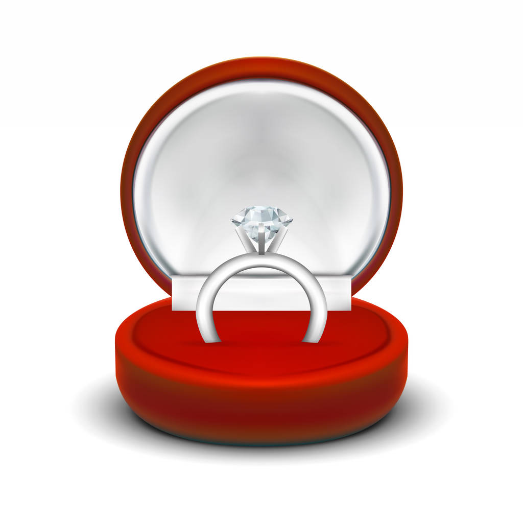 Caja de regalo de joyería abierta de terciopelo rojo redondo transparente con anillo de diamante
 - Vector, imagen