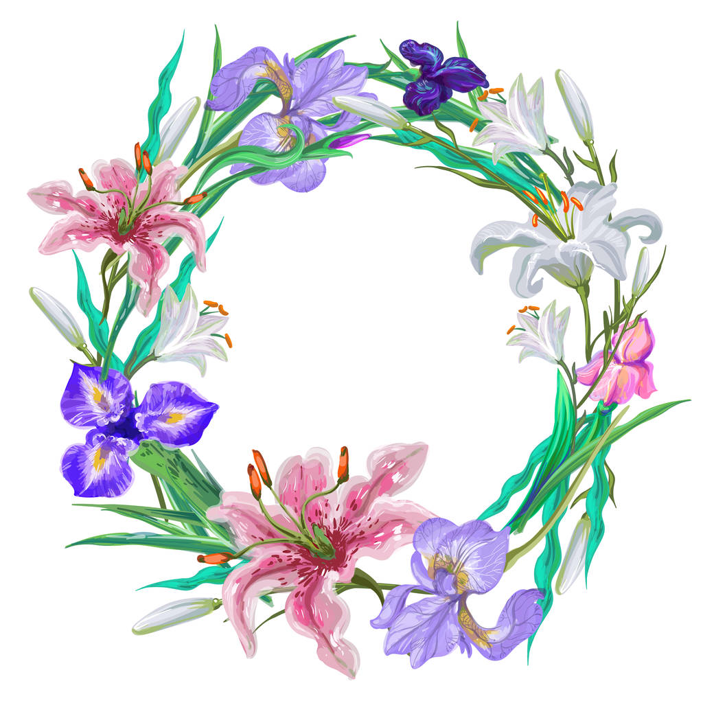 Botanikai liliom és iris koszorú keretek vektor - Vektor, kép