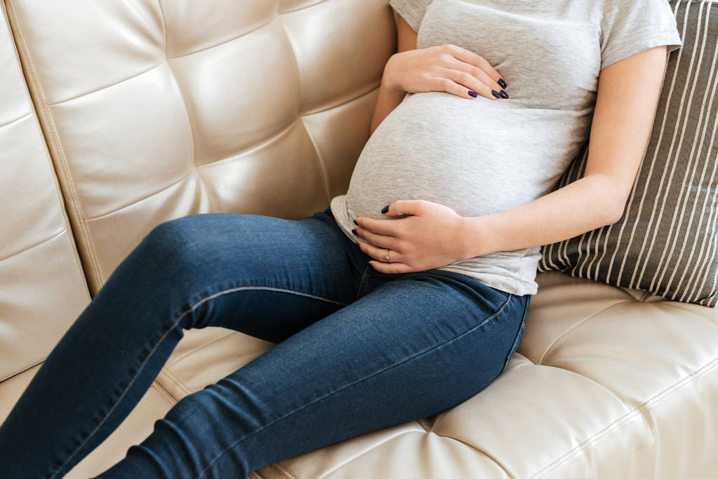Mujer joven embarazada acostada en el sofá en casa
 - Foto, imagen