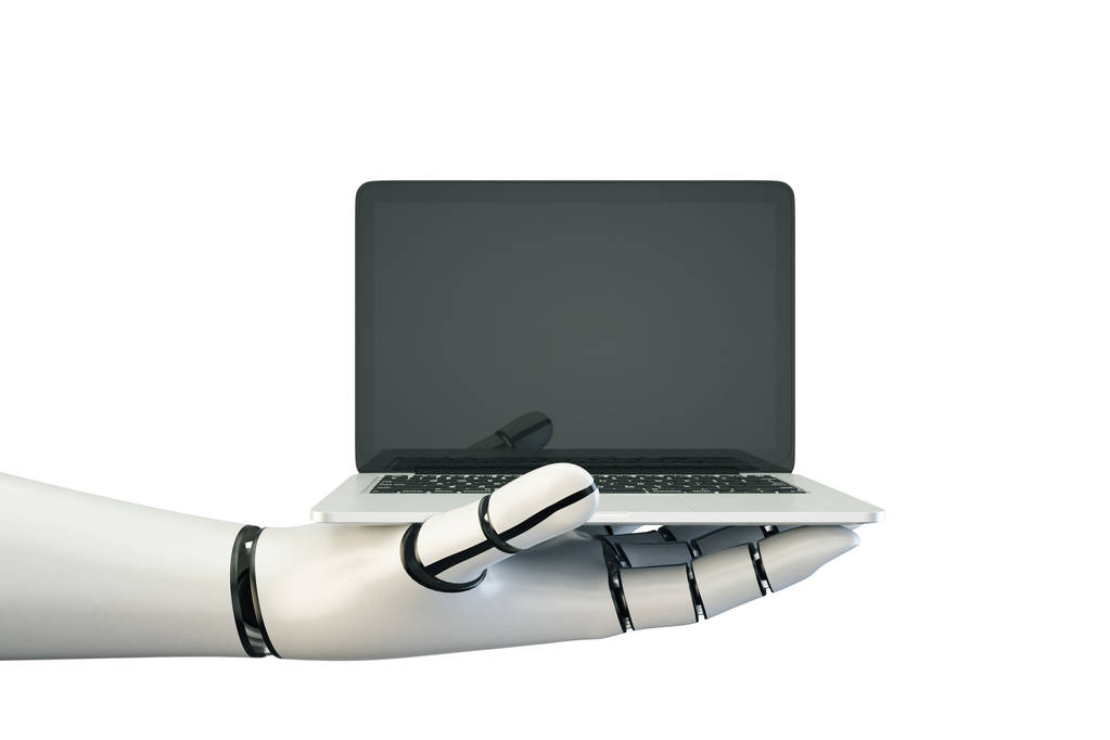 Side view of robot 's hand holding laptop with empty screen on white background. Макет, 3D рендеринг. Концепция прогресса
 - Фото, изображение