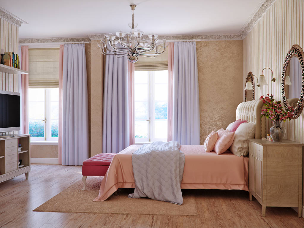 伝統的なクラシック モダンなプロヴァンスの素朴なベッドルーム  - 写真・画像