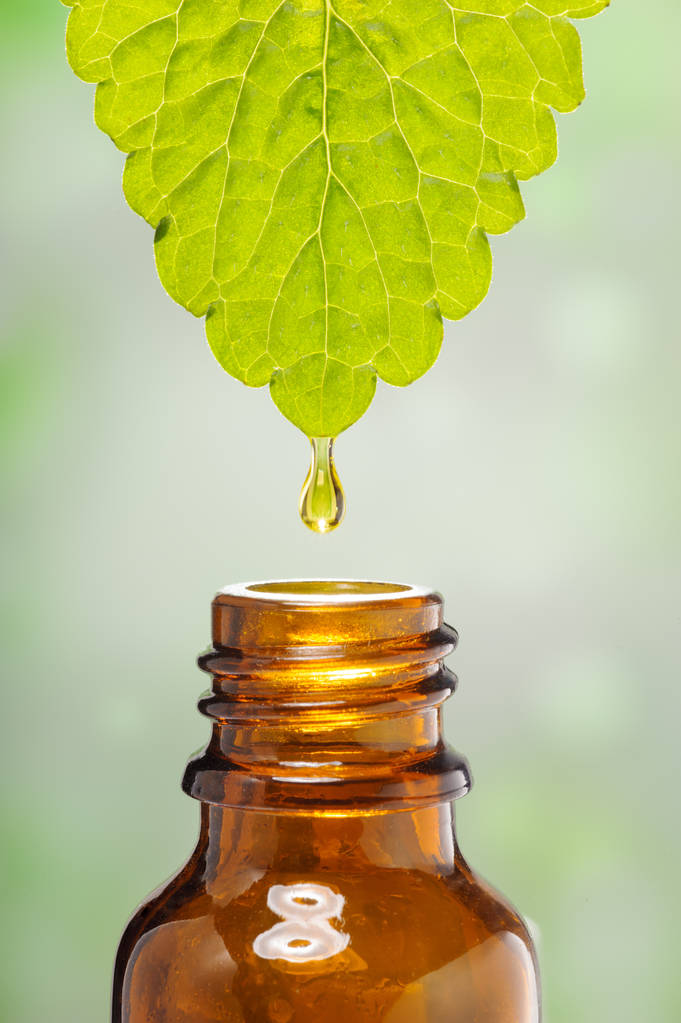 medicina alternativa, gocciolina di essenza di olio sta cadendo da una foglia in una bottiglia medica
 - Foto, immagini