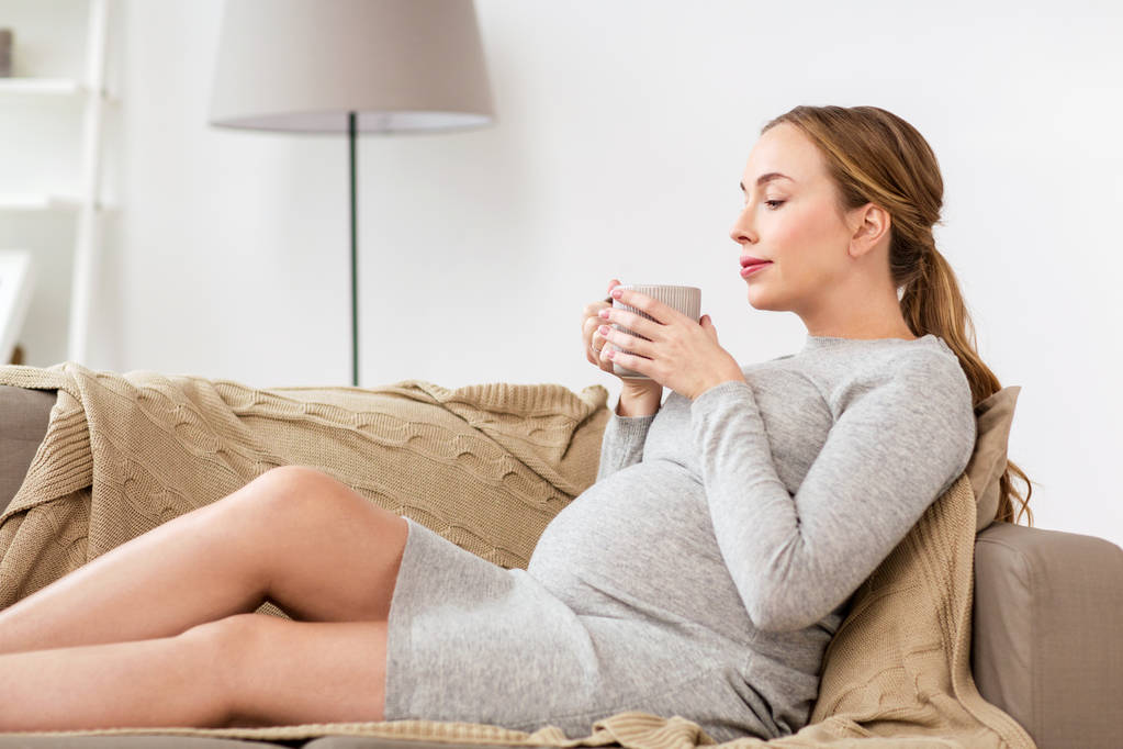 mujer embarazada feliz con taza de té en casa
 - Foto, Imagen
