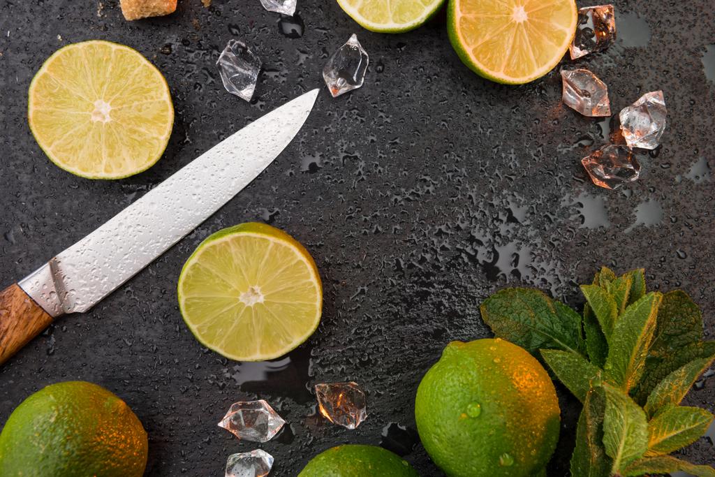 ナイフ、ミントの葉とライム スライス - 写真・画像