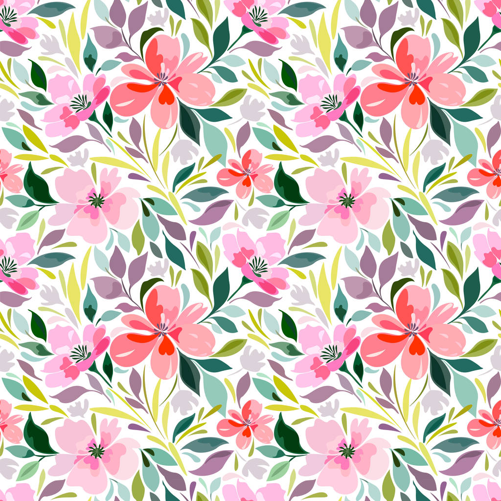  Seamless pattern with floral print, bright summer pattern, flowers, foliage.. - Vector, Image