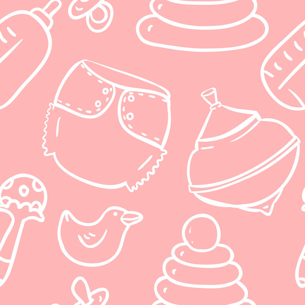 Modello di contorno senza cuciture carino disegnato a mano con vortice giocattolo, sonaglio, mutandine, anatra di gomma, pannolino, capezzolo, bottiglia, piramide giocattolo in stile cartone animato su sfondo rosa
 - Vettoriali, immagini