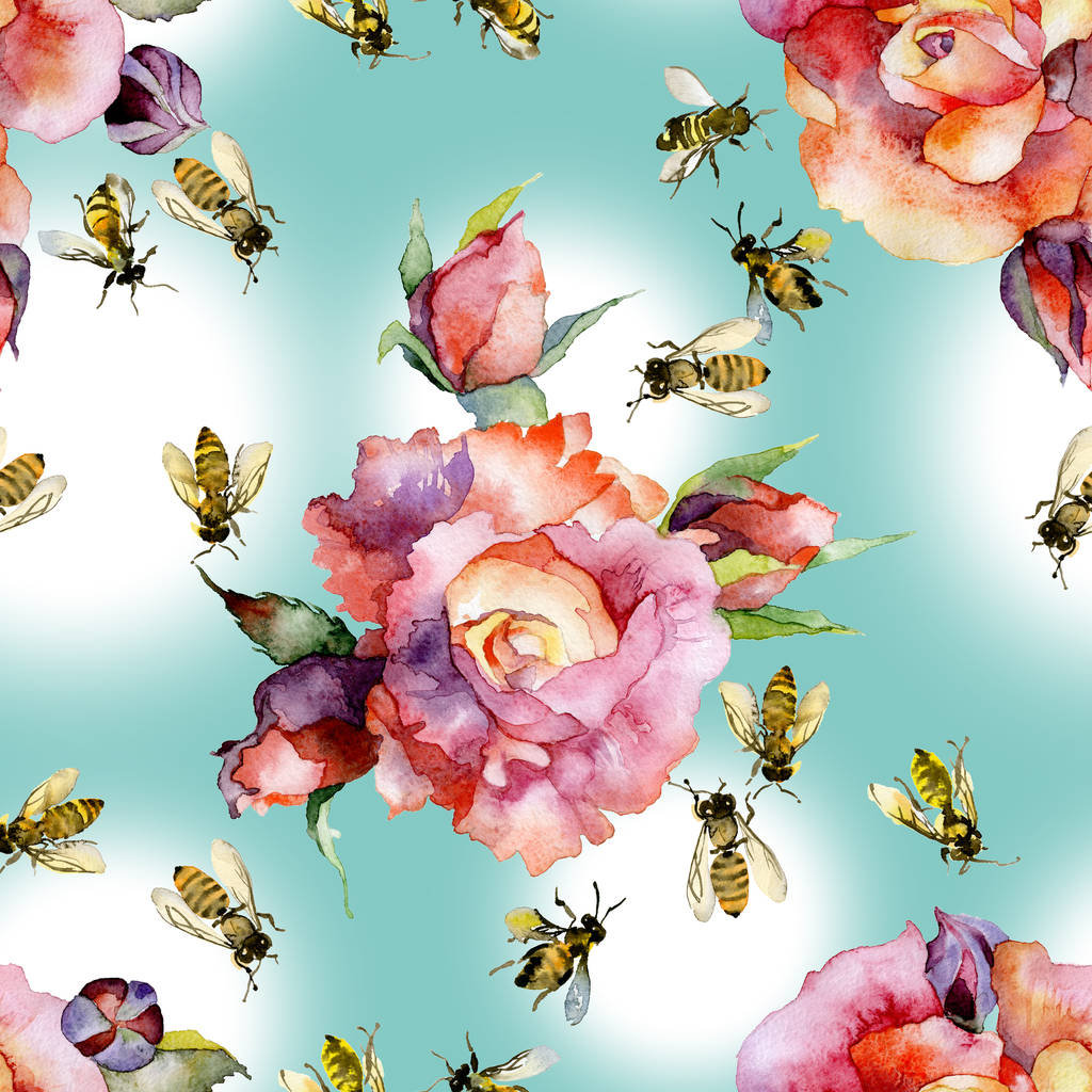 Piękne, czerwone, dekoracyjne, ogrodowe kwiaty róże i miód, lato, rustykalne, dzikie, owady pszczoły. Akwarela. Ilustracji - Zdjęcie, obraz