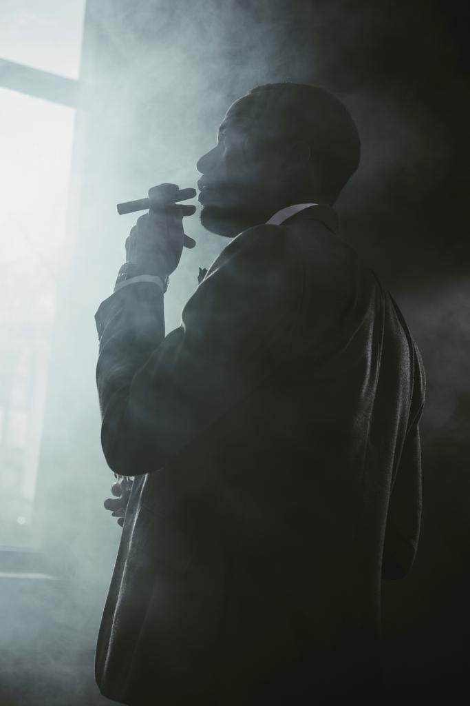 luottavainen afrikkalainen amerikkalainen liikemies puvussa tupakointi sikari
  - Valokuva, kuva
