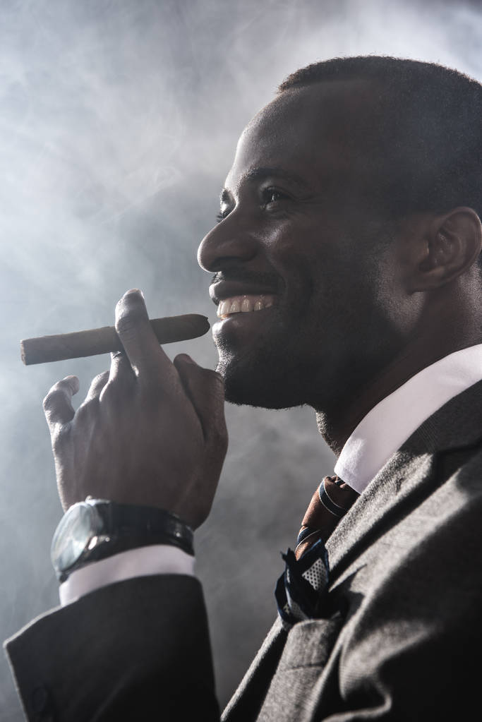 Seitenansicht eines lächelnden selbstbewussten Mannes, der im Haus Zigarre raucht  - Foto, Bild