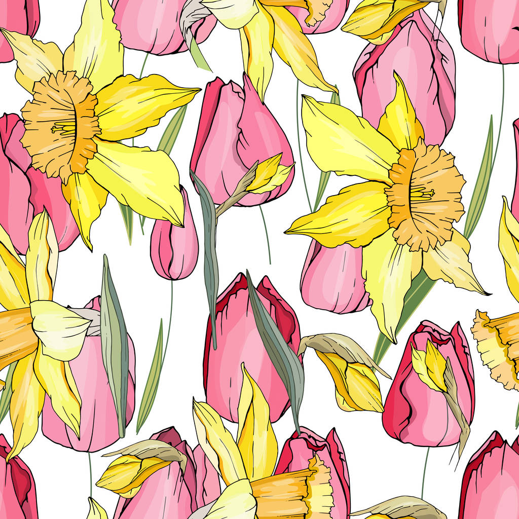 Απρόσκοπτη σεζόν μοτίβο με κόκκινες τουλίπες και daffodils κίτρινο... Ατελείωτες υφή για καλοκαιρινό floral σχεδιασμό με λουλούδια - Διάνυσμα, εικόνα