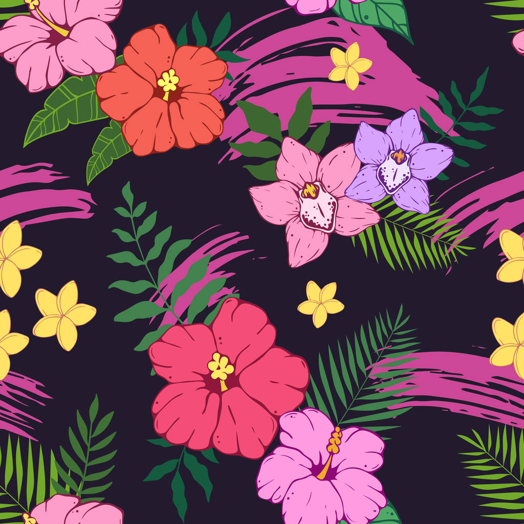 Płynny wzór z tropikalnych liści i kwiatów - Wektor, obraz
