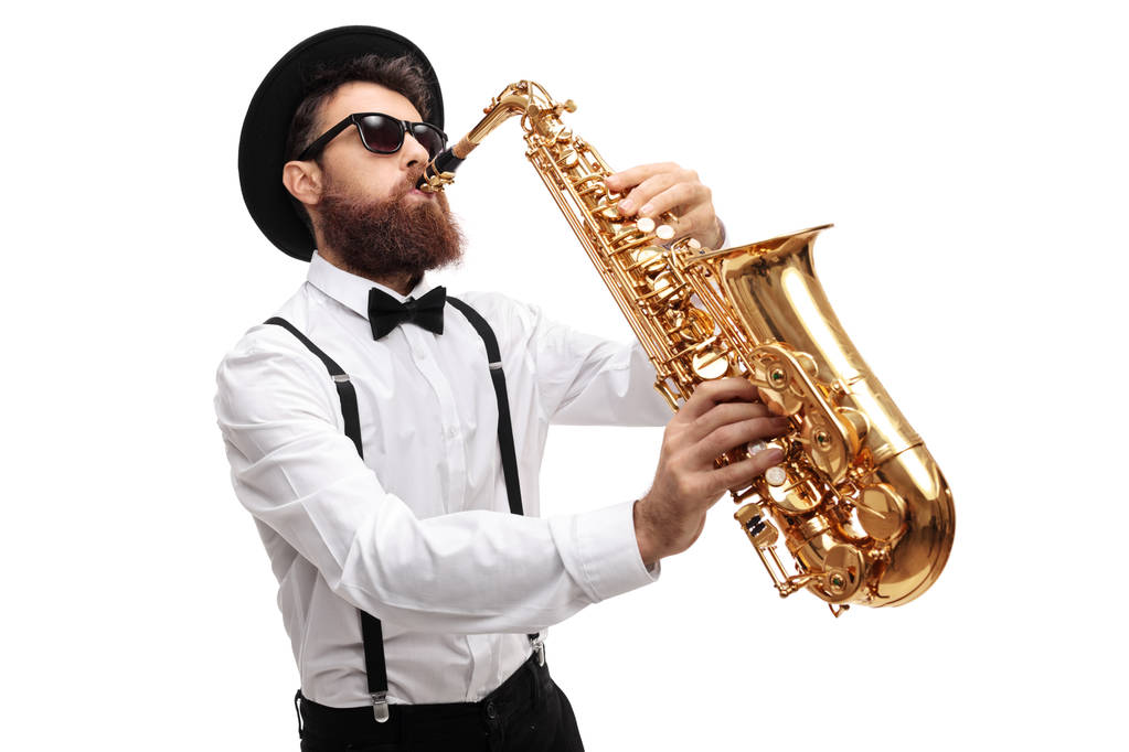 Homme barbu jouant un saxophone
 - Photo, image