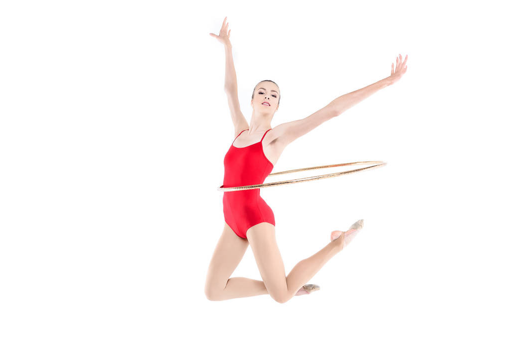 rhythmic gymnast training with hoop - Photo, Image