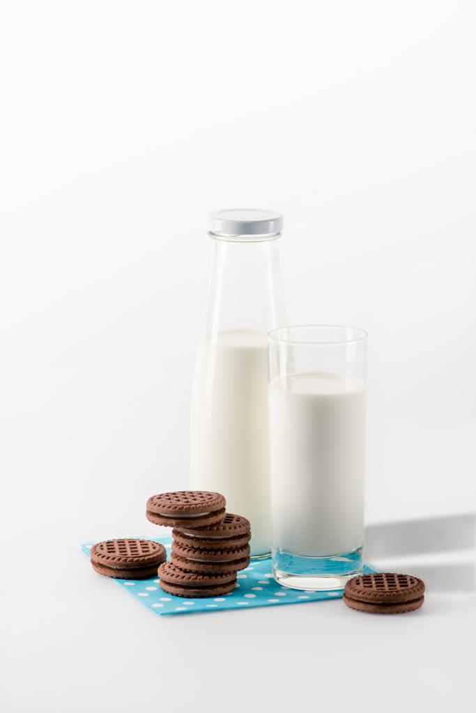 γάλα σε γυαλί και μπουκάλι με μπισκότα - Φωτογραφία, εικόνα