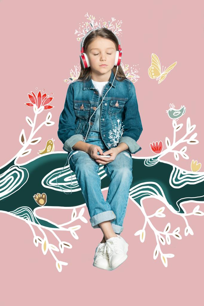girl in headphones dreaming on magic branch - Photo, Image