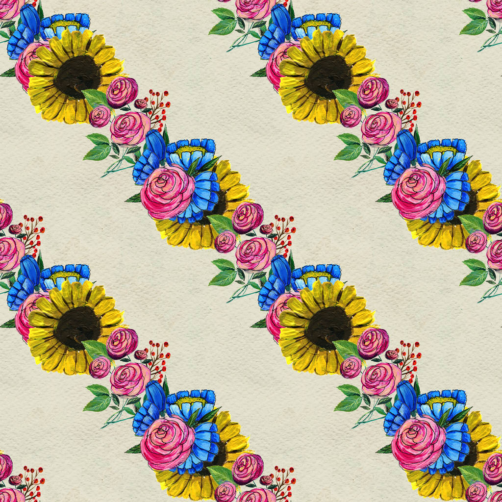 Vzor bezešvé s modrými žluté a růžové květy - Fotografie, Obrázek