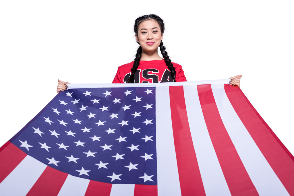 アメリカの国旗とアジアの女の子 - 写真・画像