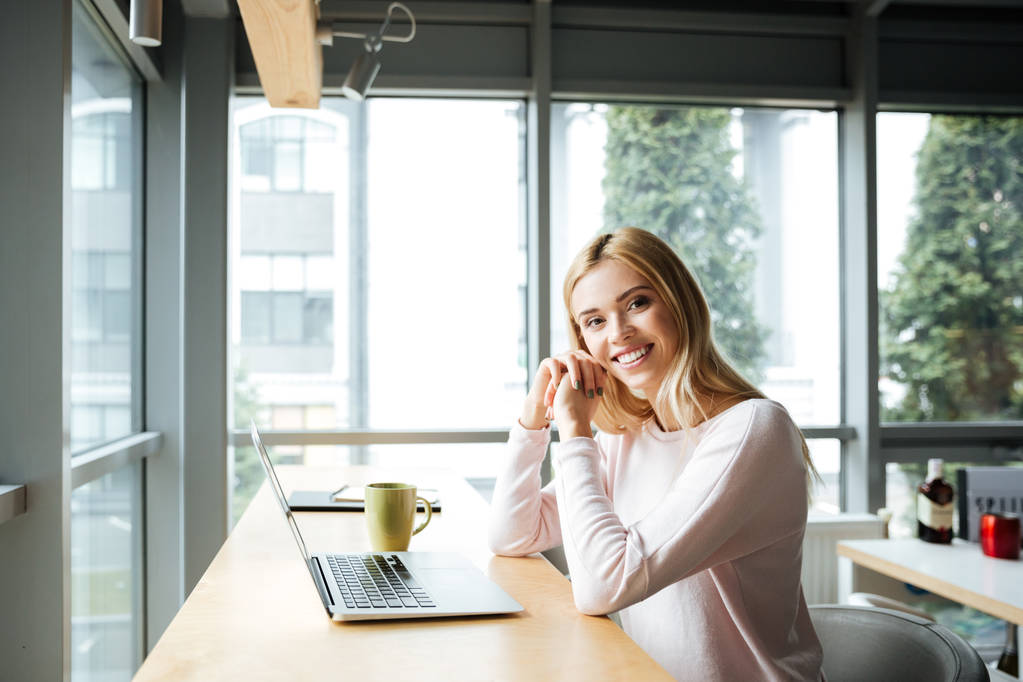 Ευτυχισμένη κυρία που κάθεται στο γραφείο coworking κατά τη χρήση του φορητού υπολογιστή - Φωτογραφία, εικόνα