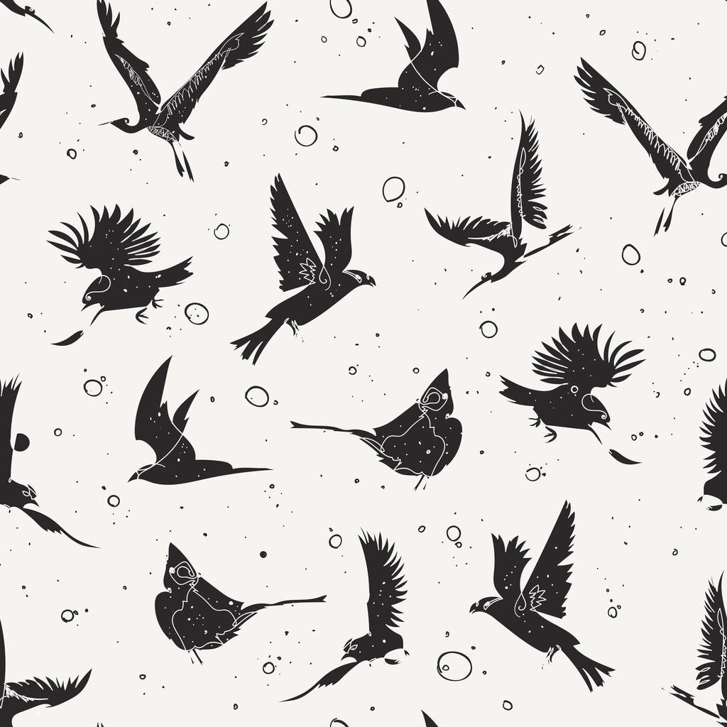 handgezeichnete künstlerische Einzeiler Vögel nahtloses Muster - Vektor, Bild