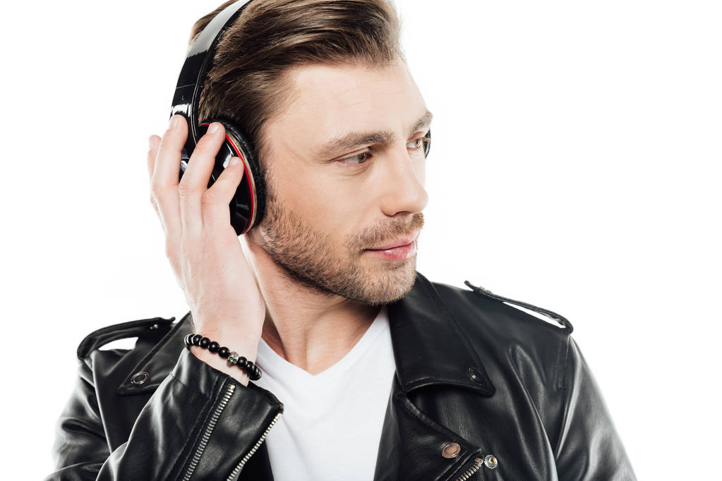 człowiek słuchania muzyki w słuchawkach - Zdjęcie, obraz