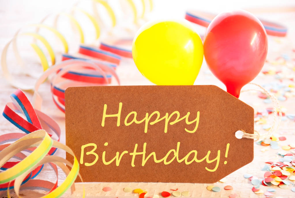 Partij Label, ballon, Streamer, tekst Happy Birthday - Foto, afbeelding
