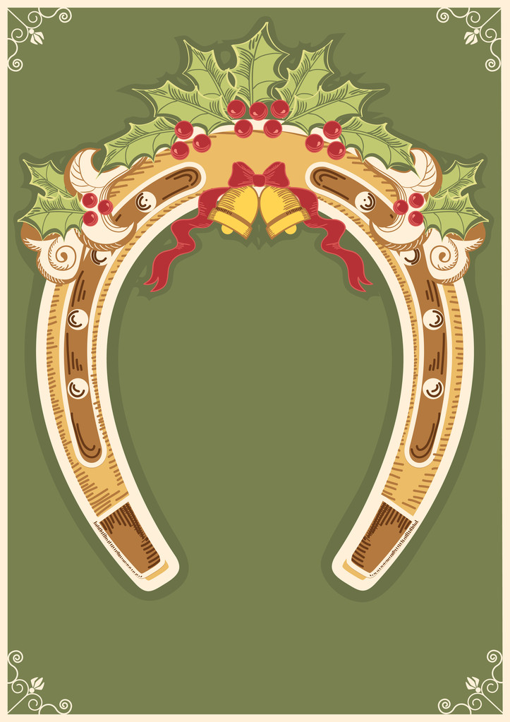 Рождественская открытка из подковы с орнаментом из ягодных листьев
 - Вектор,изображение