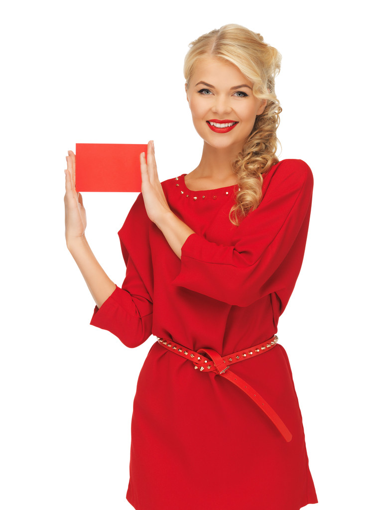 мила жінка в червоній сукні з карткою нотатки
 - Фото, зображення