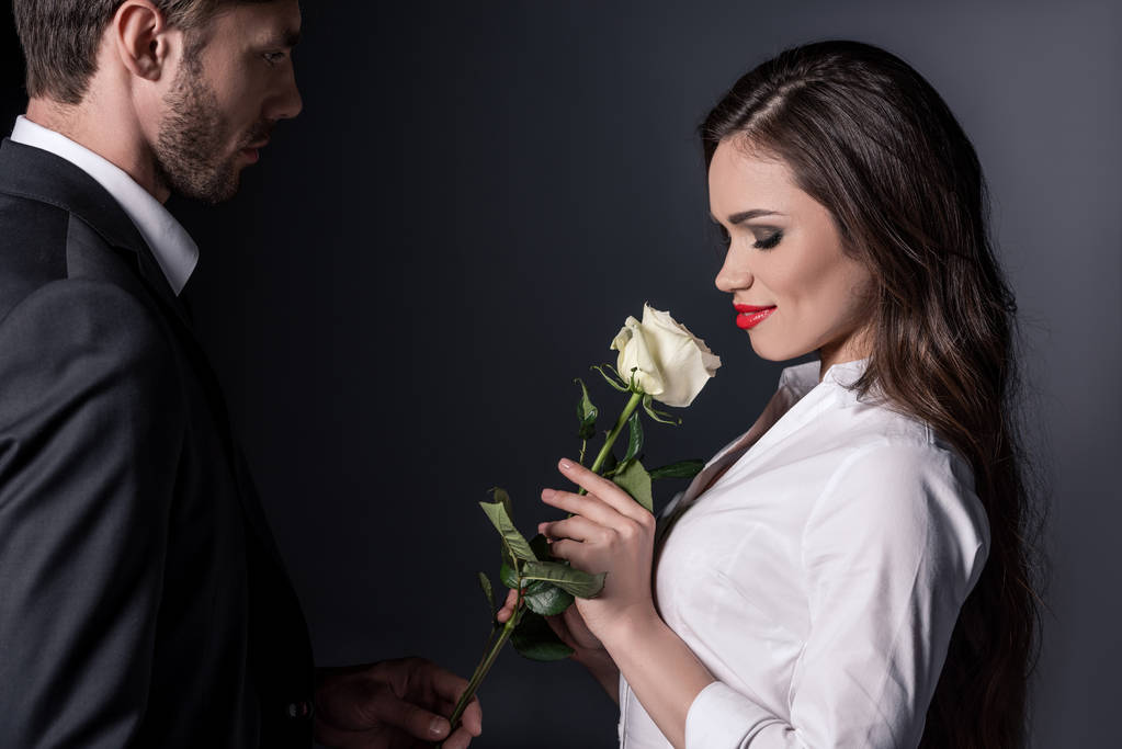 мужчина представляет белую розу девушке
 - Фото, изображение