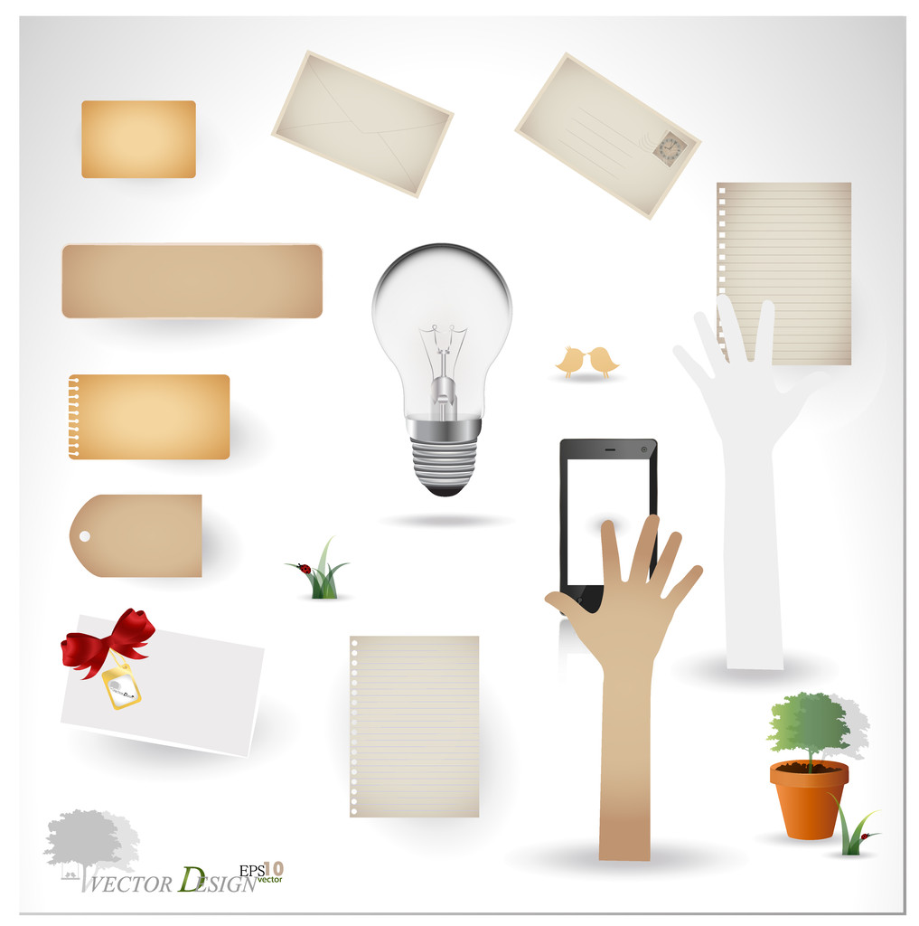 Векторный набор: Винтажная открытка, лампочка, телефон и бланковая бумага
 - Вектор,изображение