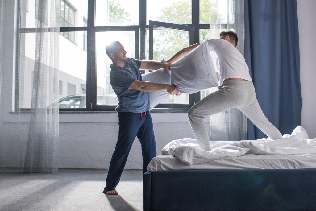 Homosexual couple fighting with pillows  - Photo, Image
