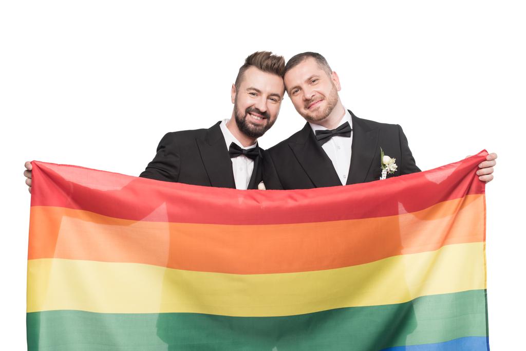 homosexual couple holding lgbt flag - Photo, Image