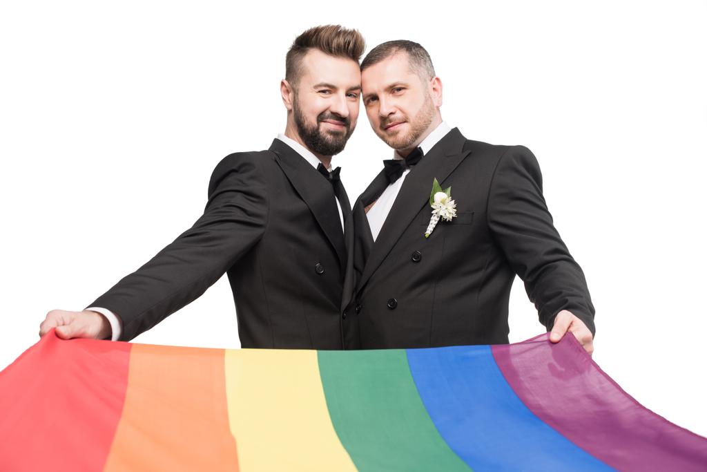 ομοφυλόφιλο ζευγάρι κρατώντας σημαία του ΛΟΑΤ - Φωτογραφία, εικόνα