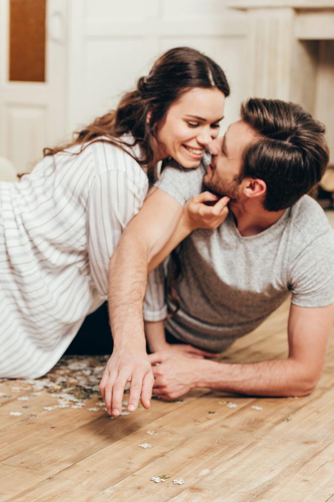 smiling couple able to kiss at home - Photo, Image