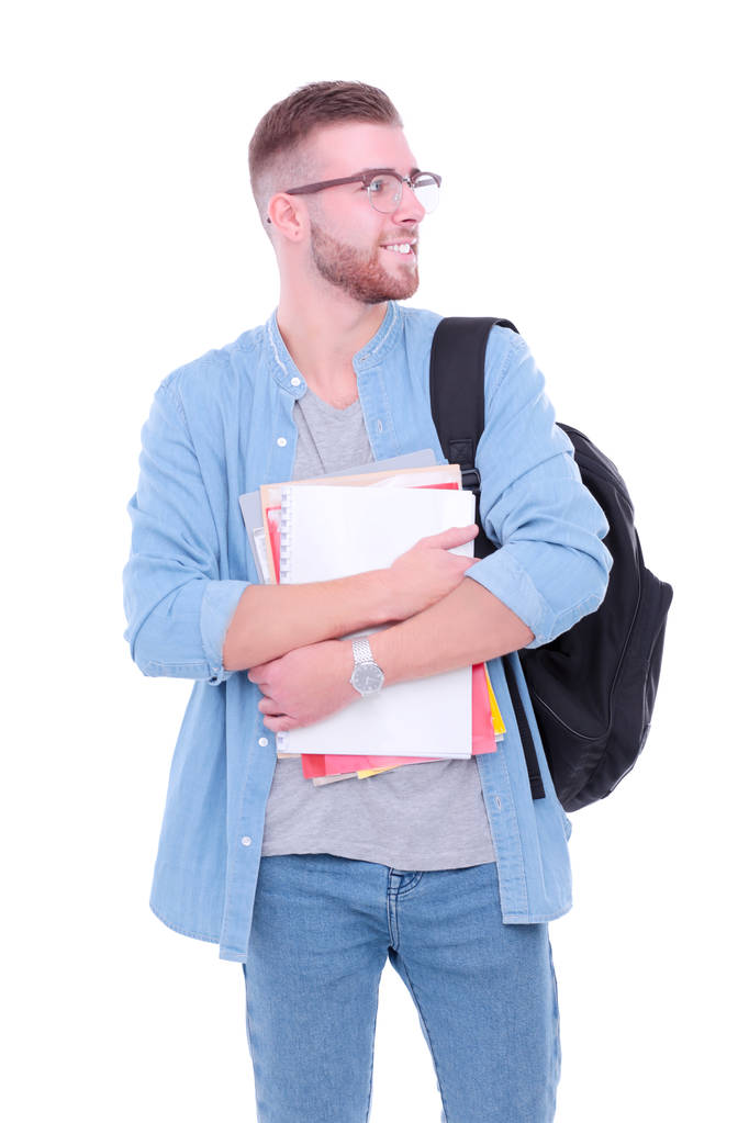 Un étudiant avec un sac d'école contenant des livres isolés sur fond blanc
 - Photo, image