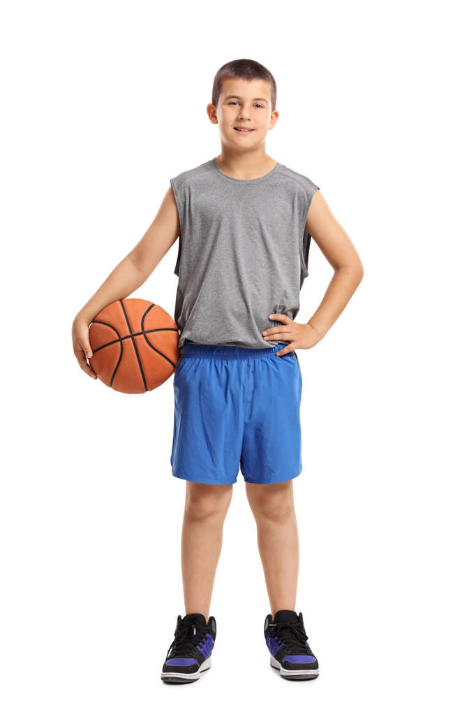 バスケット ボールの少年の完全な長さの肖像画 - 写真・画像
