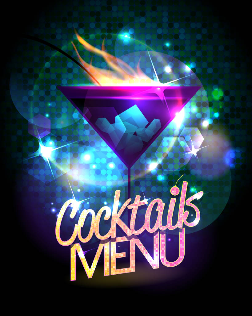 Cocktails Menü glänzendes Vektordesign mit brennendem Cocktail - Vektor, Bild