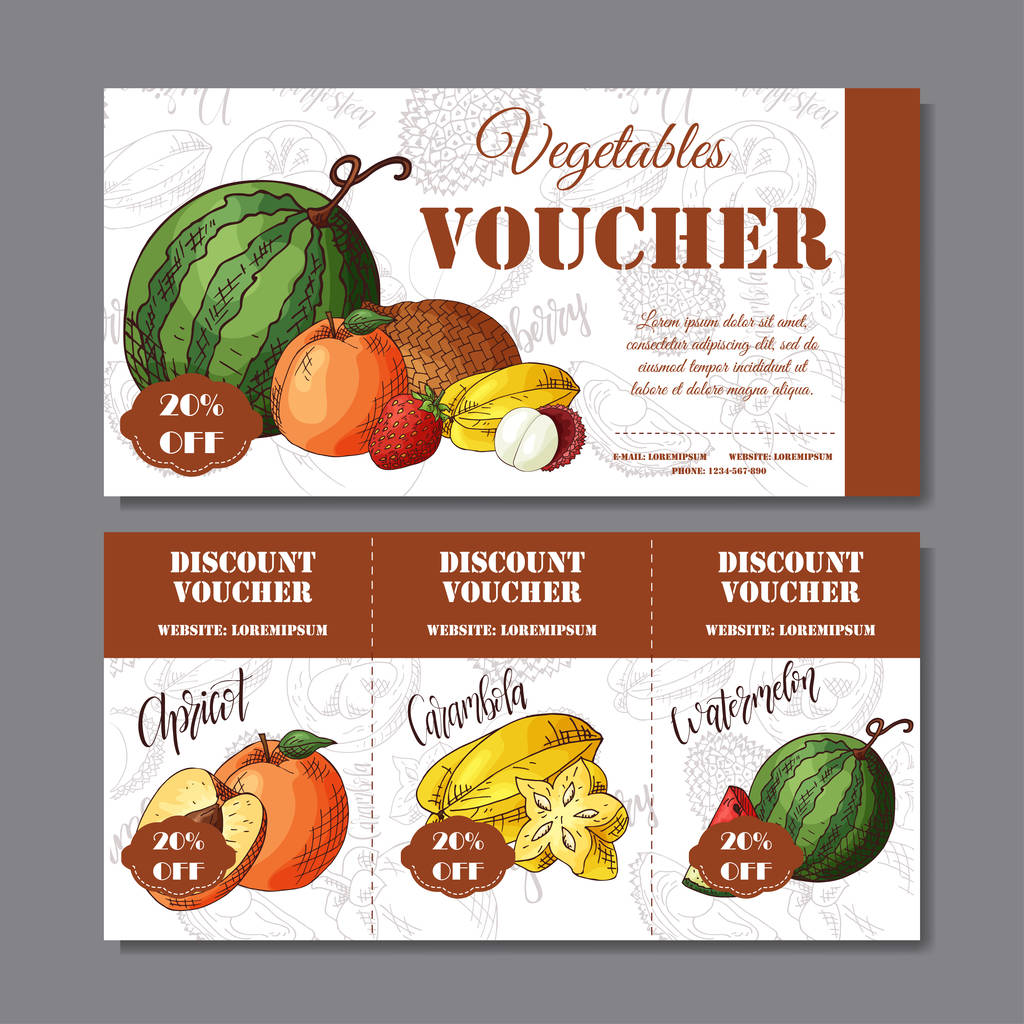 Cafe discount voucher for your business. Modern style with food element on background. Template vector with fruitsf or farmers. - Vector, Image