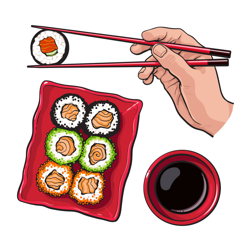 Еда суши - человеческая рука с палочками для еды и миской соевого соуса
 - Вектор,изображение