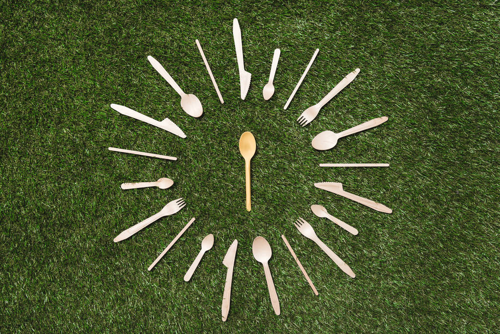 フォークとナイフの芝生の上の木製スプーン - 写真・画像