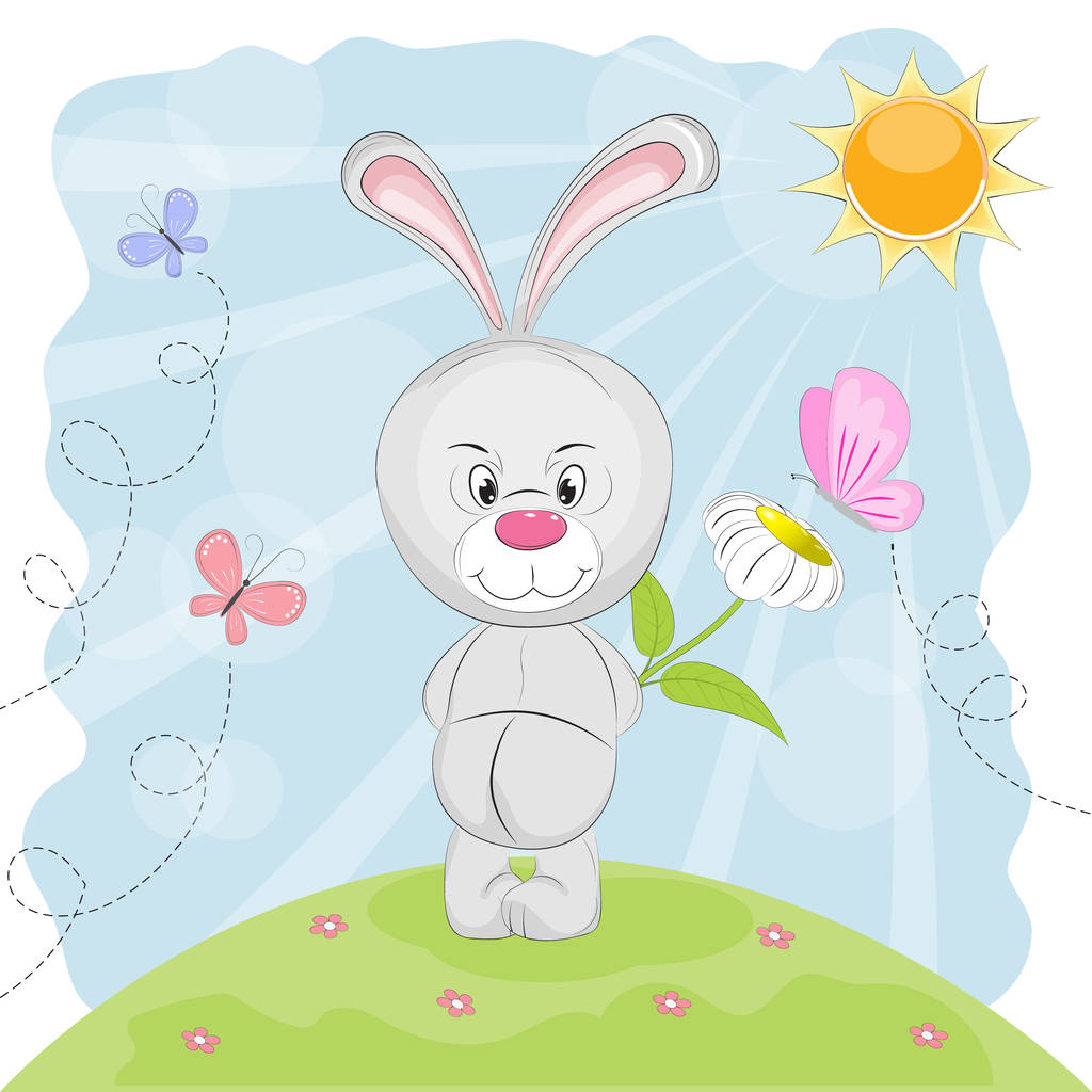 Cute  rabbit with flower and butterflies on a meadow. - Vector, Image