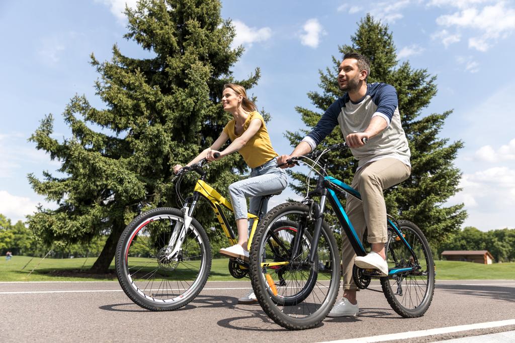 Pari ratsastaa polkupyörillä puistossa
 - Valokuva, kuva