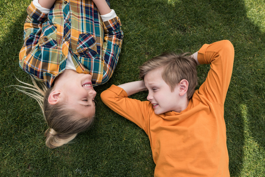 lapset makaa vihreällä nurmikolla
 - Valokuva, kuva