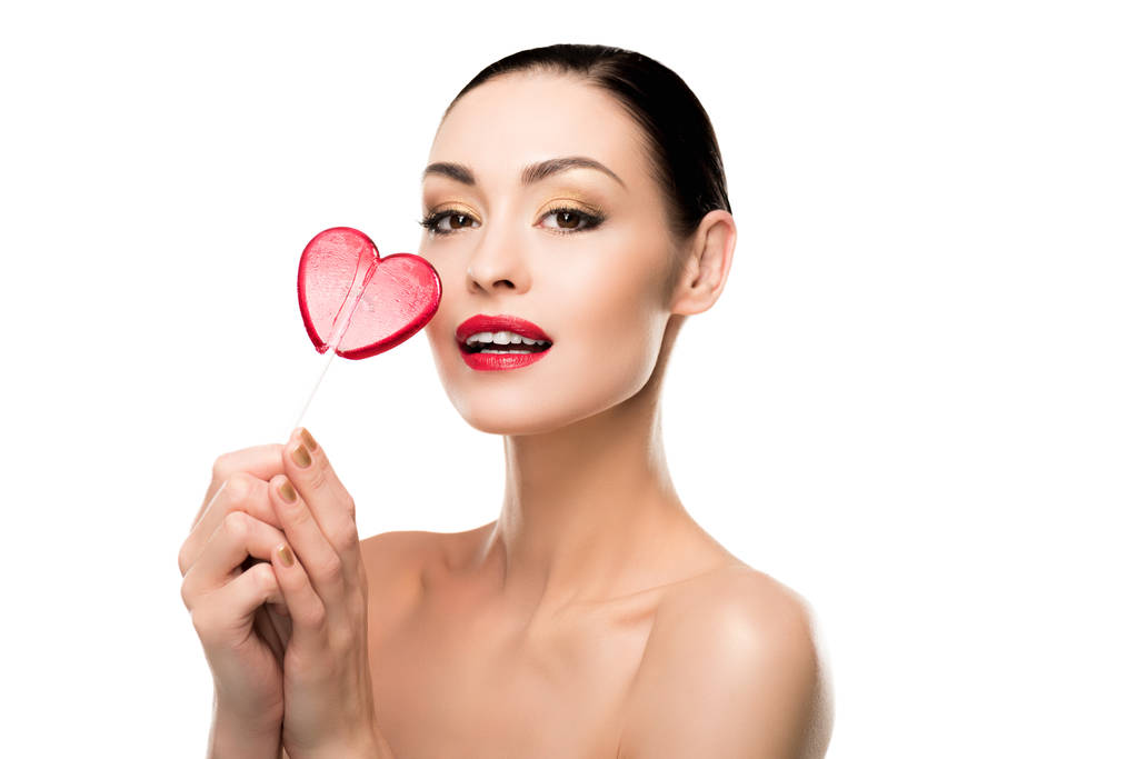 woman with heart shaped lollipop - Photo, Image
